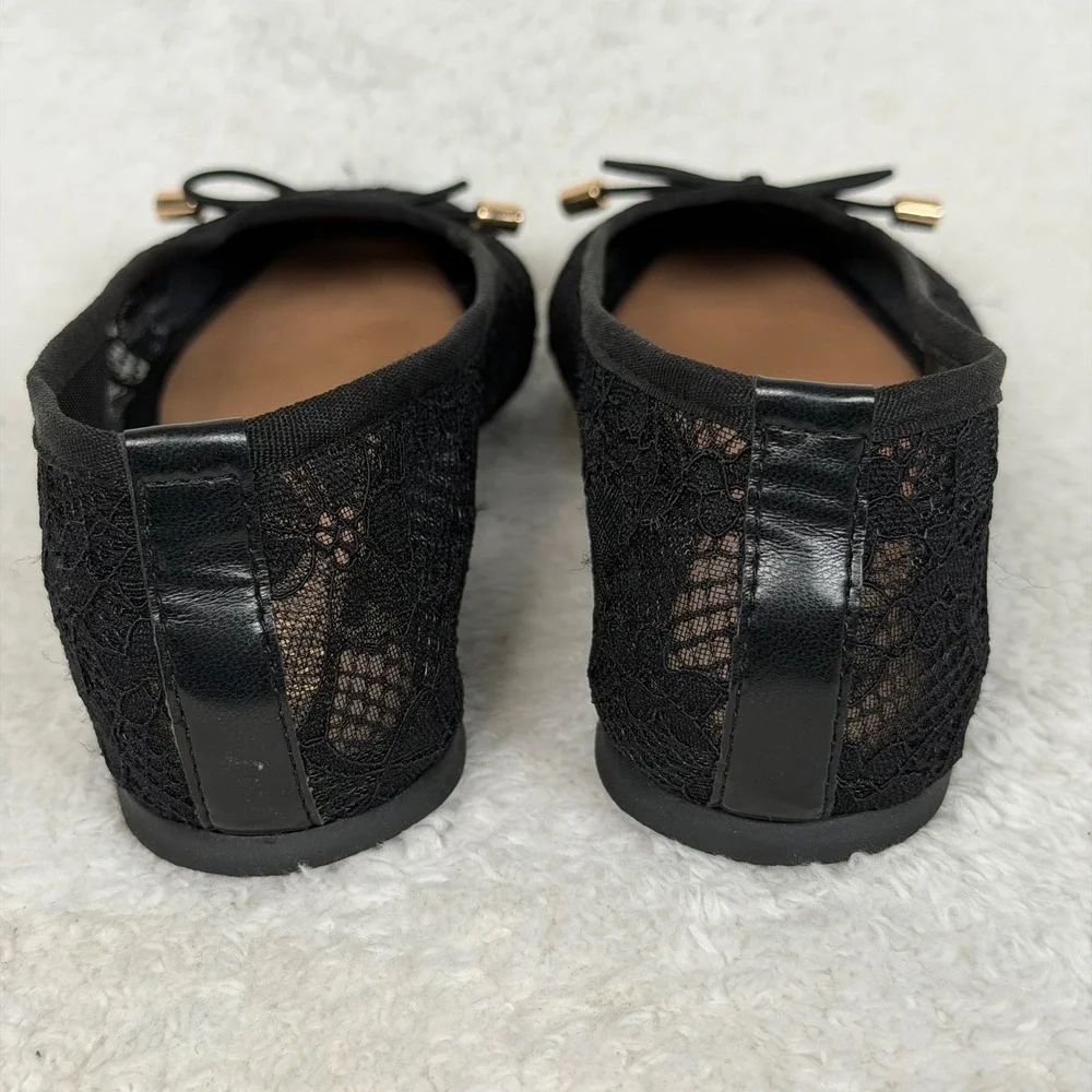 Comfort Ballet Flats Womens Size 8 Black Lace Mesh Square Toe Bow Slip On E-335